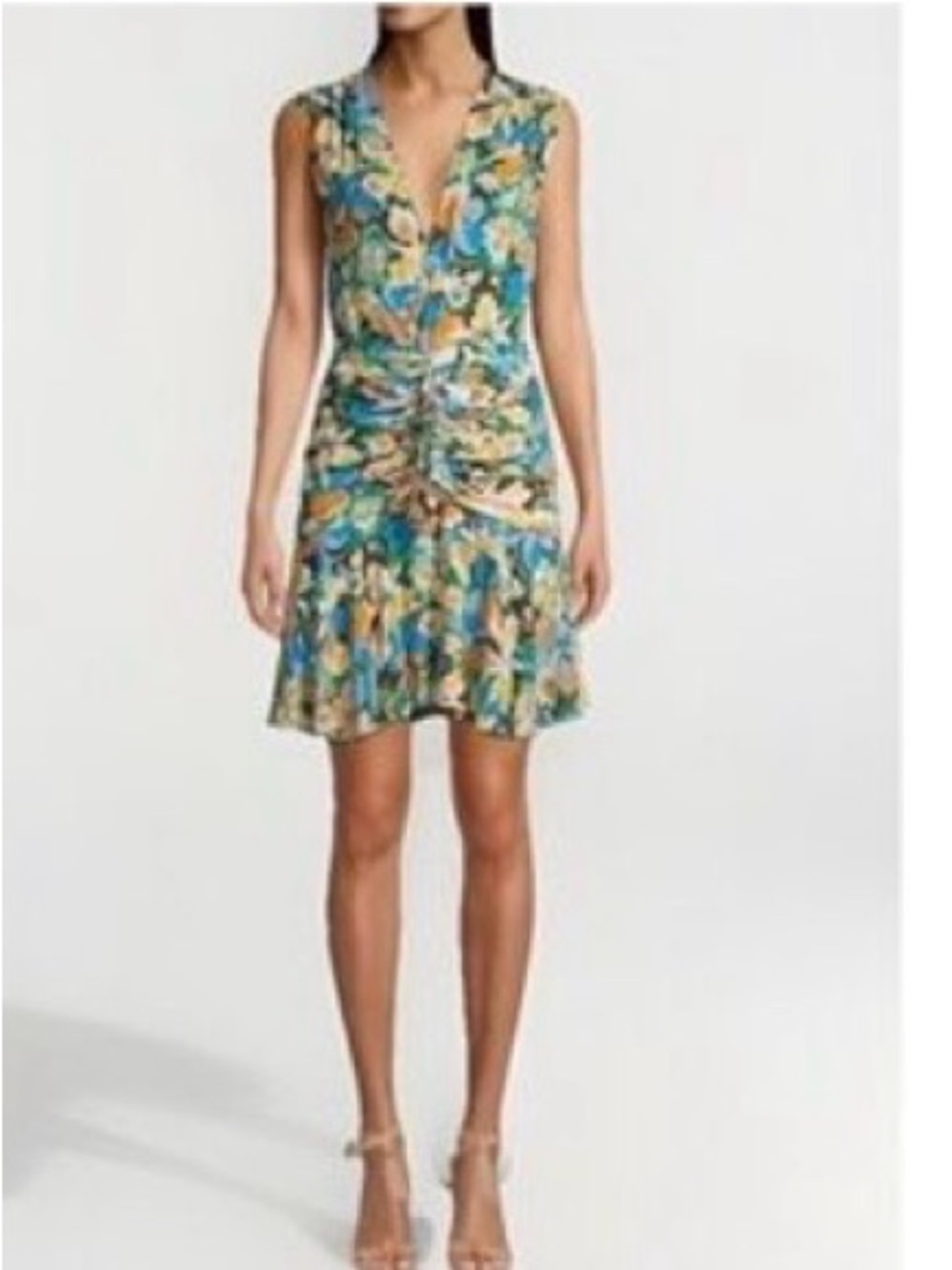 Missoni Blue Green Floral Ruched V-Neck Midi Dress